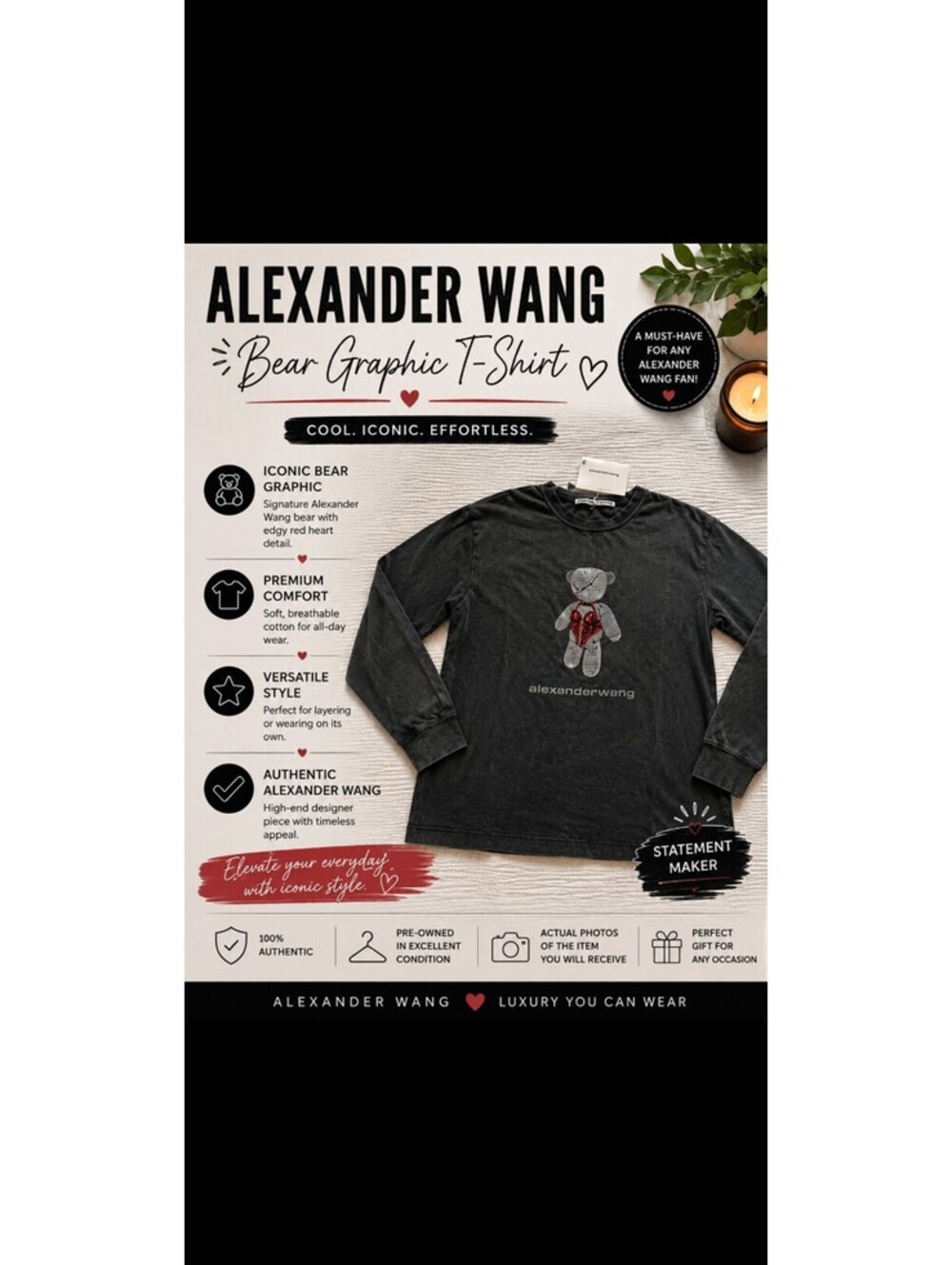 Alexander Wang Black Long Sleeve Bear Graphic T-Shirt